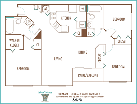 Floor plan for 3 beds, 2 baths, 1230 sqft